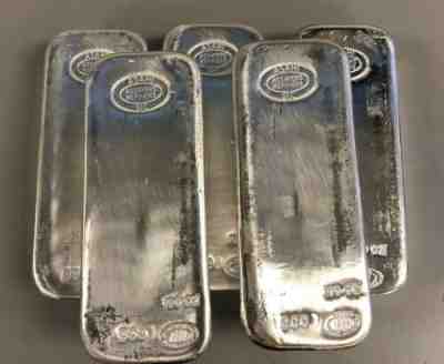 Lot of 5 Silver 100 oz. Silver Bar .999 Fine Silver Bars - Mint Hallmark Varies