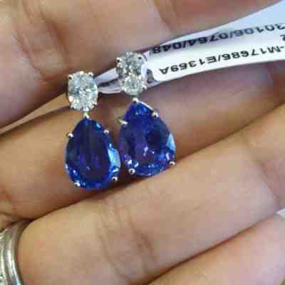 8.70 CT Pear Shape Tanzanite & Diamond Earrings Hallmarked 18k White Gold