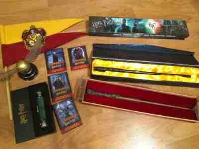 harry potter collectible lot (wands, pins, deluminator, snitch, gryffindor flag)