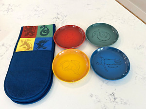 RARE NIB Le Creuset Harry Potter Hogwarts Houses Round Plates & Oven Mitt WOW!