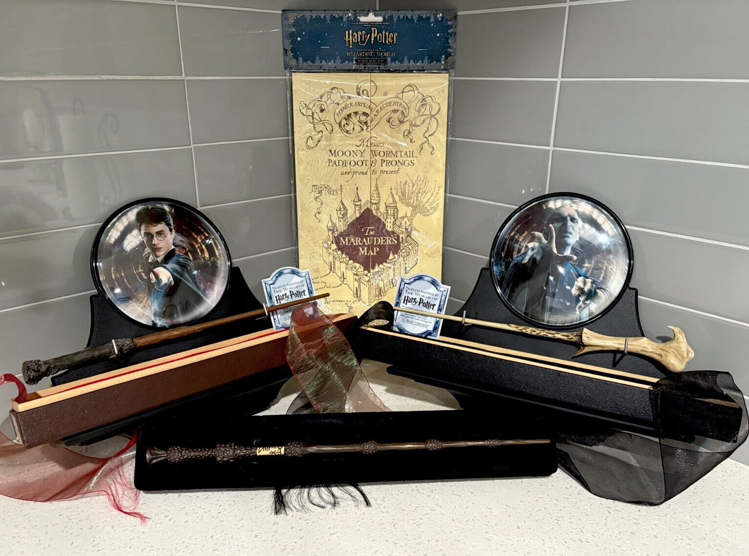 Harry Potter Officially Licensed Lot of Collectible Wands, Marauders Map Replica