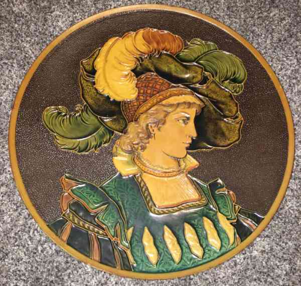 RARE 17” 1Antique Mettlach Charger Man Feather Fancy Hat ARTIST C. Warth #1411
