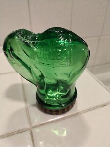 Vintage Jumbo Peanut Butter Green Glass Elephant Jar w/ Lid 3-1/2oz Bank