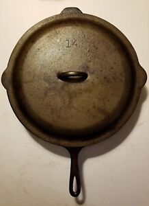 Vintage Lodge SK #14 Cast Iron Skillet 3 Notch Heat Ring LID COVER campfire cook