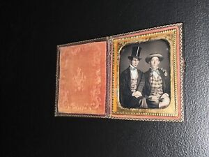 Antique Vintage Daguerreotype Dag Photograph - 2 Men Holding Hands - Top Hat