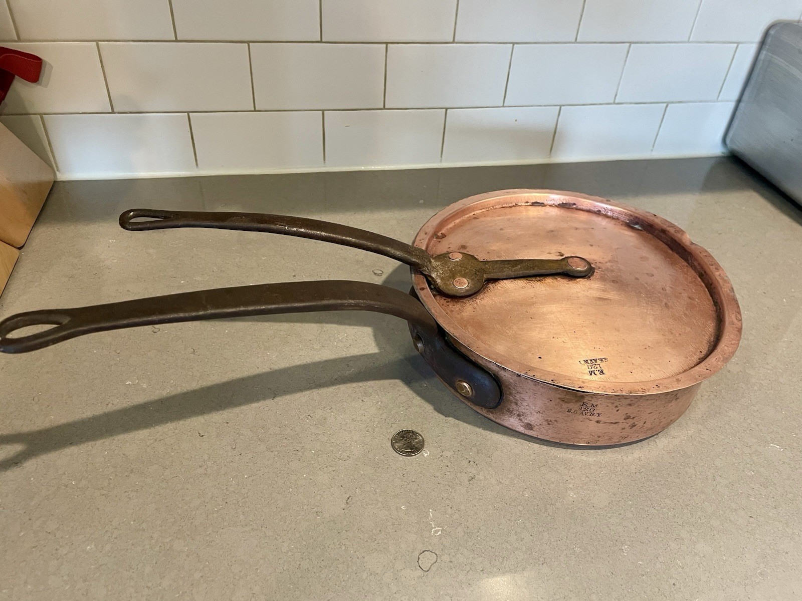 New ListingAntique Copper Pan With Matching Lid. Duparquet: E.M 128 S 5th AV NY