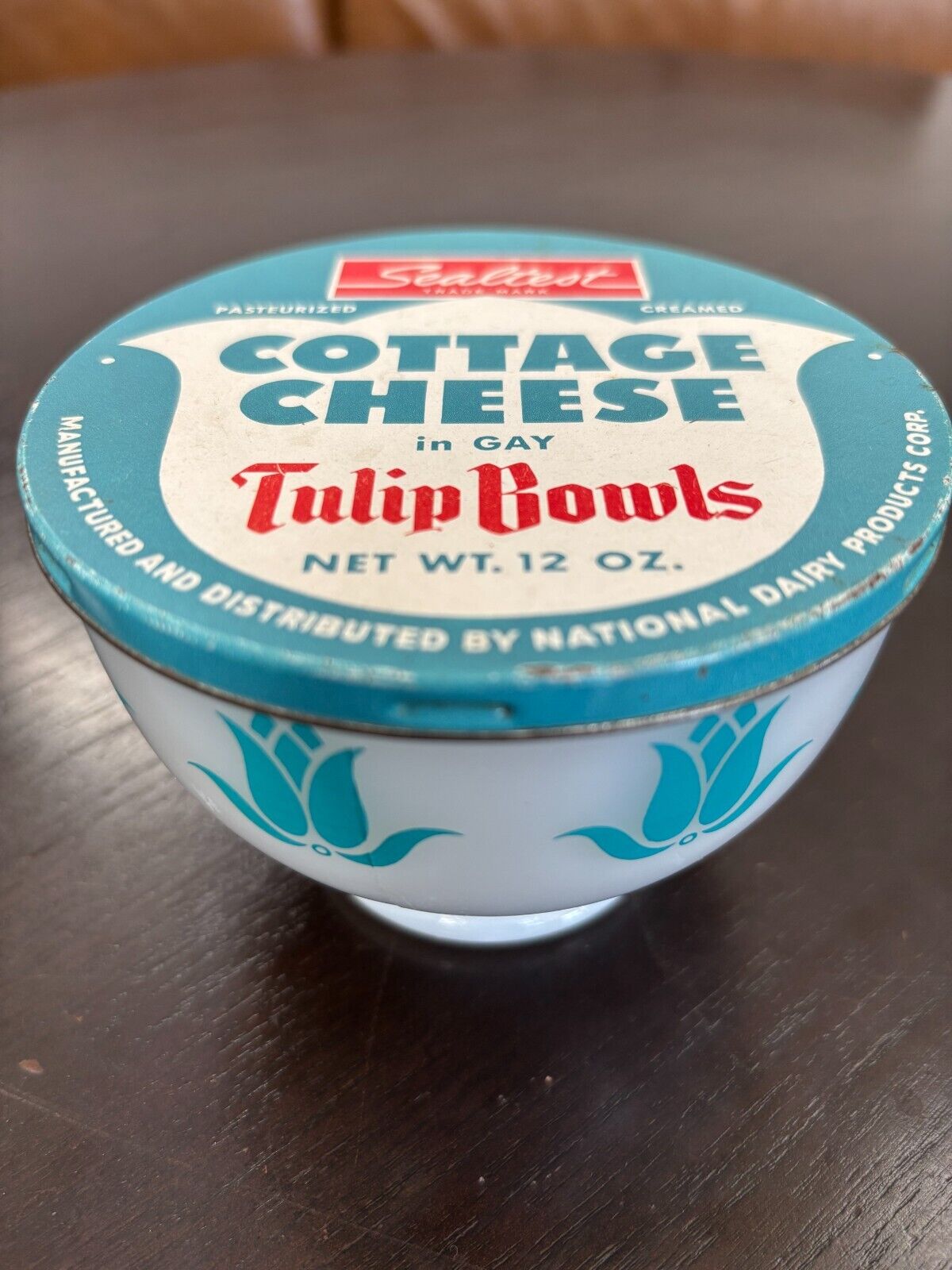 Vintage Sealtest Fire King Milk Glass Aqua Tulip Cottage Cheese Bowl w/ Lid