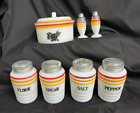 Rare Vintage Anchor Hocking Striped Range Top Shakers And Covered Bowl 1930's