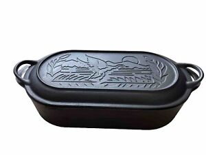 Vtg Lodge Cast Iron Deep Fish Fryer W/ Grill Duck Lid Made in USA Sportsman