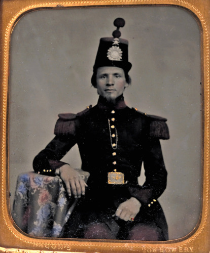 1850s Hand Painted Ambrotype of Soldier in MILITIA UNIFORM & HAT by Bacon --NR--
