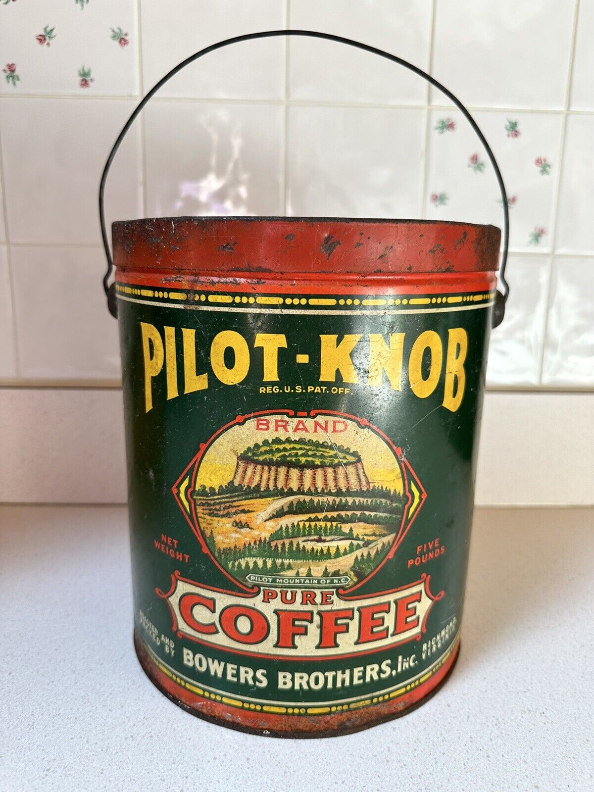 Vintage Pilot-Knob 5 LB. Pure Coffee Metal Can w/Lid & Handle Bowers Bros. Va.