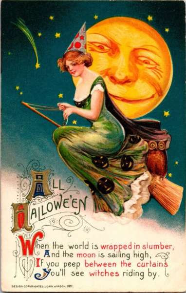 Vintage Winsch Schmucker Girl Sexy Witch, Broom,Hat,Owl, Moon Halloween Postcard