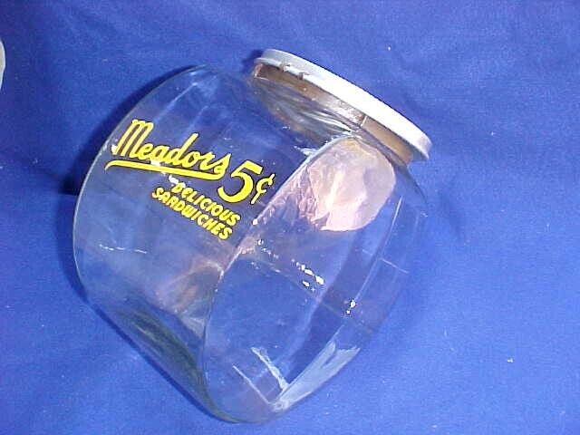 Rare 1930's Vintage Meador's 5 Cent Peanut Jar w/ hinged Lid, Toms Lance Gordons