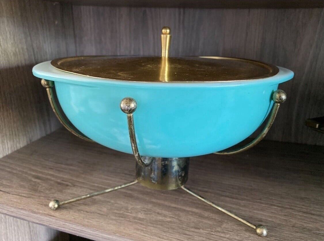 Pyrex UFO Turquoise Casserole Atomic Sputnik Warming Stand Lid RARE 1956 VTG