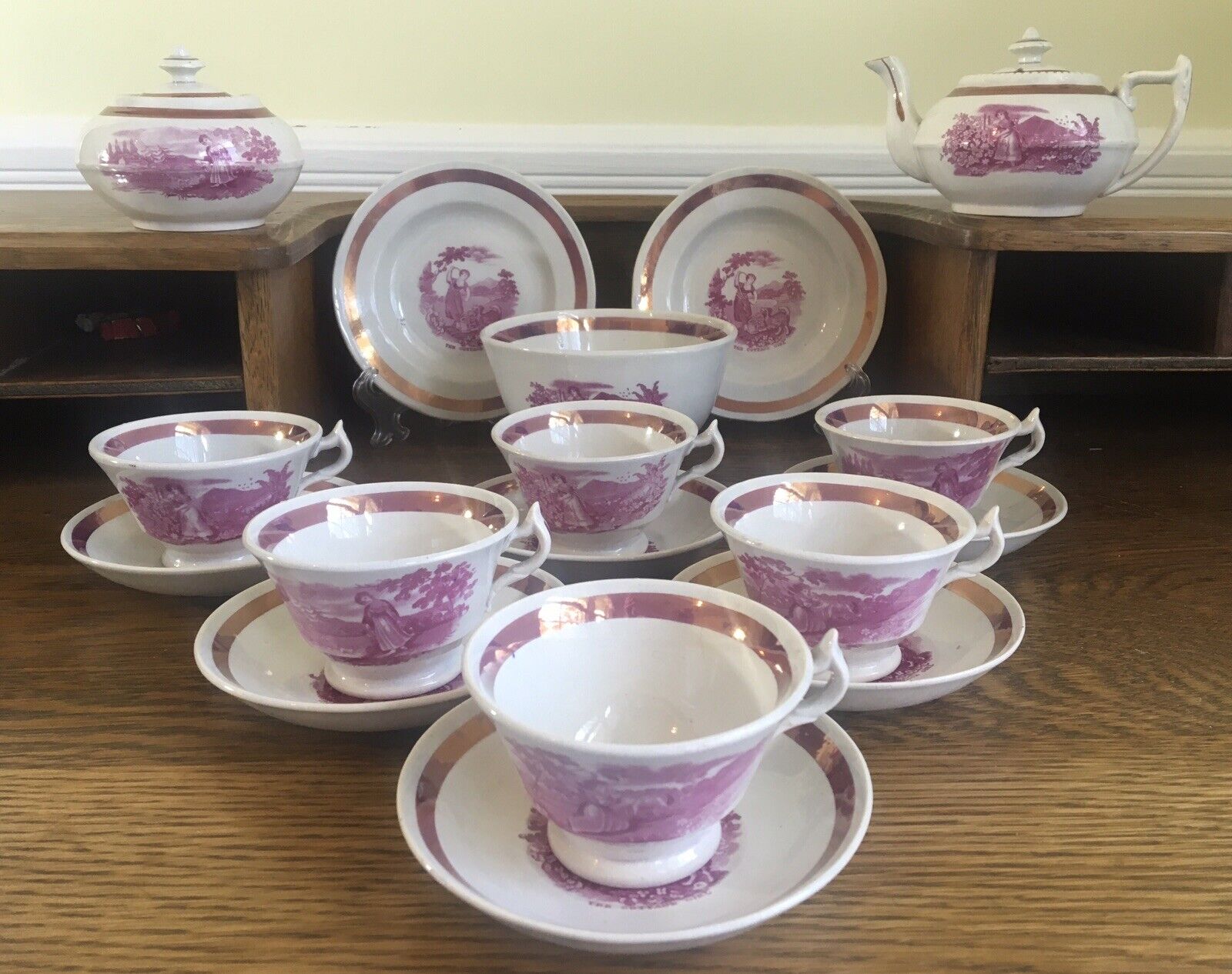 Antique c.1820 Child’s Pink Luster Earthenware Teaset “The Cottage Girl” in Puce