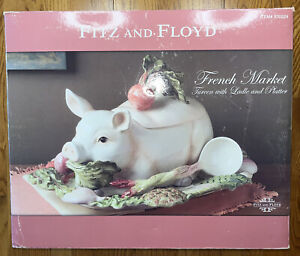 VINTAGE FITZ & FLOYD FRENCH MARKET CERAMIC PIG SOUP TUREEN LADLE & PLATTER NEW!!
