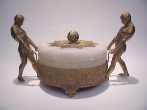 ART DECO MALE NUDE ALABASTER DRESSER BOX WITH LID - METAL ANTIQUE 12"L X 6 3/4"H