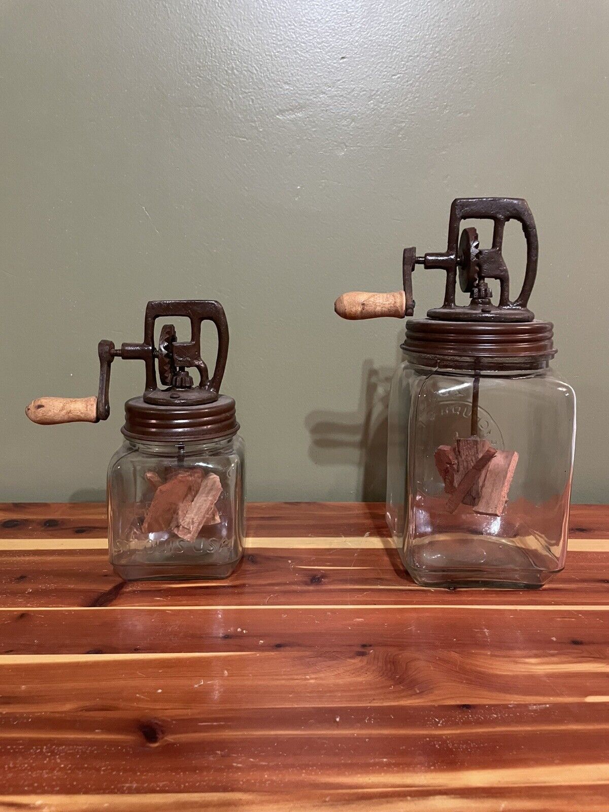 Antique Dazey Butter Churn Set of 2 churns w/wooden paddles #10 & #20