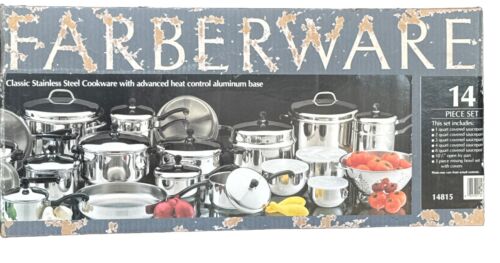 Vintage 14 Pc FARBERWARE Classic Stainless Steel Aluminum Pots Pans Cookware NIB