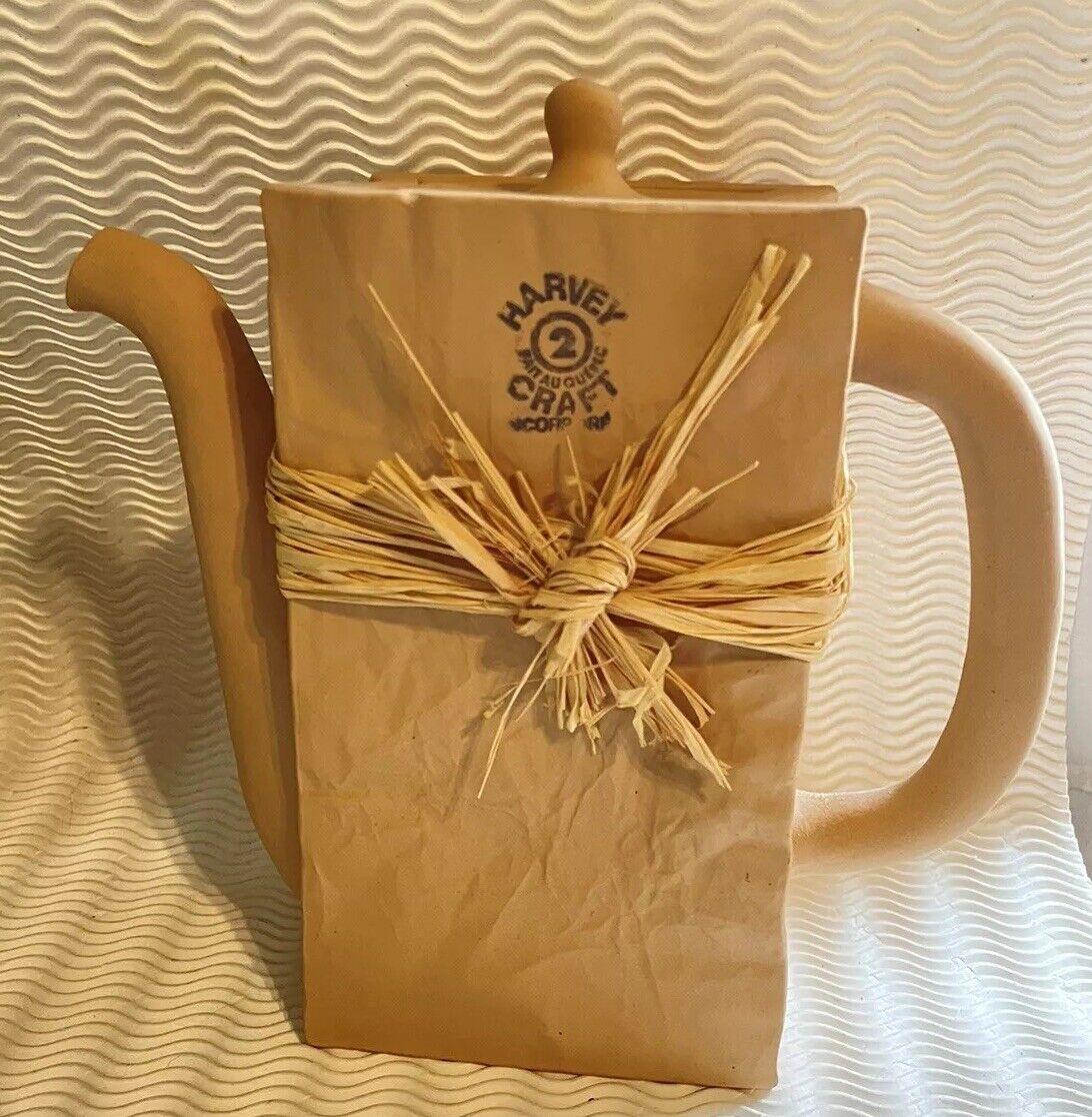 Vintage 80s Michael Harvey Craft Brown Paper Bag Teapot Canadian Pop Art NWOT