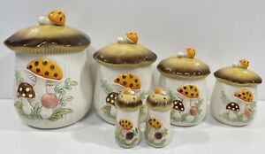 Vintage 1978 Merry Mushroom Canister 4 Piece Set + Salt & Pepper Sears Roebuck