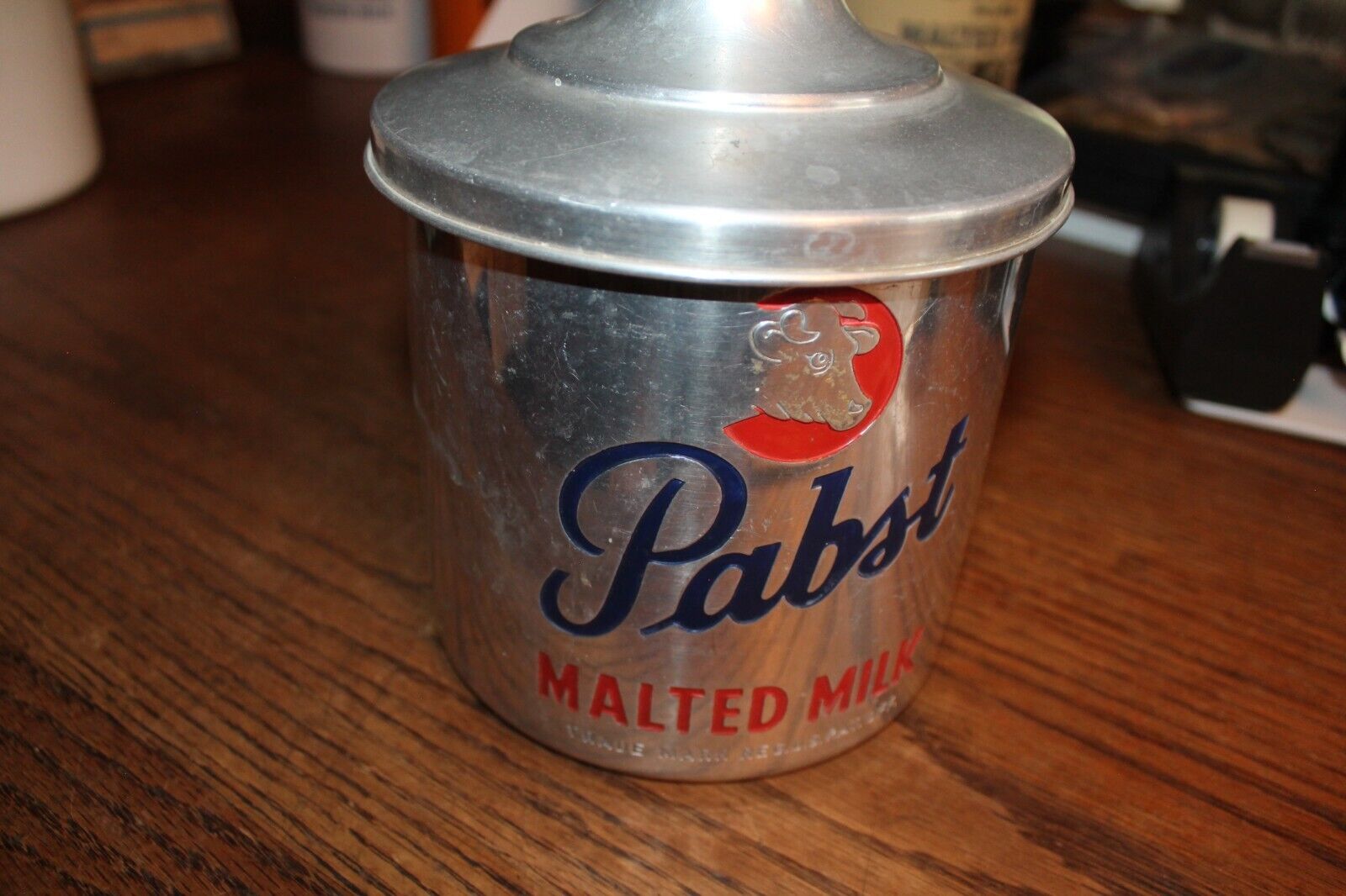Vintage Pabst Malted Milk Tin - 6" tall with nice lid, handsome undamaged piece