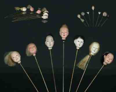 7 UNIQUE COMMISSIONED antique JAPANESE MEIJI ICHIMATSU DOLL HAT HAIR PINS 19TH