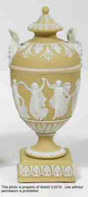 VINTAGE PEDESTAL URN Double-Handles w/ LID White on Yellow TROPHY VASE 7"
