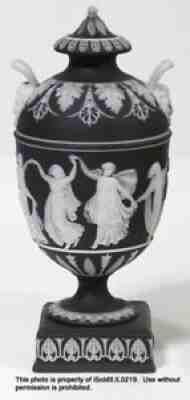 VINTAGE PEDESTAL URN Double-Handles w/ LID White on Black 7.5" TROPHY VASE