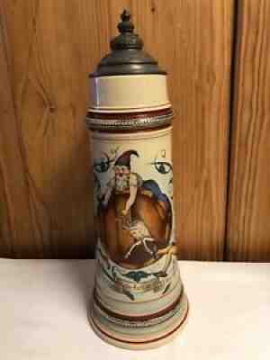Very Large Vintage German Bock Beer Stein/Pewter Lid~Goat & Gnomes #1189~ST70