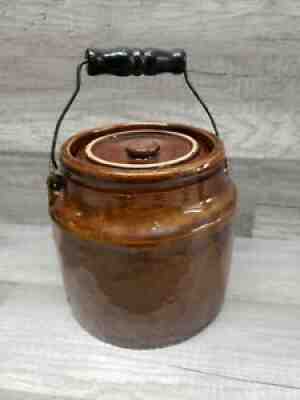 Vintage Redwing 6" Bean Pot Stoneware Crock With Lid & Wood Handle