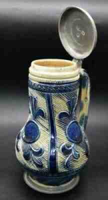 Superb Antique 17thC Westerwald German Stoneware Jug Pewter Lid With Touchmarks