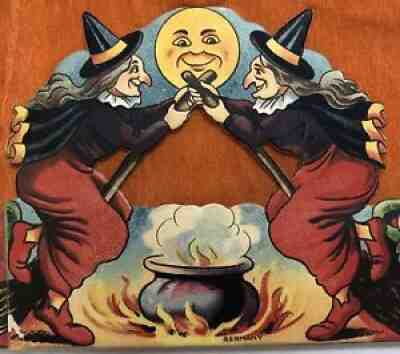 1910-1914 ANTIQUE Vintage Halloween SATCHEL (HAT?) Witches Cauldron Moon GERMANY