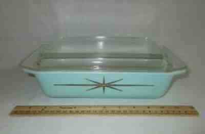 Vintage Pyrex Glass Atomic Starburst 575B Pan Dish Turquoise Blue w/ Lid 550C