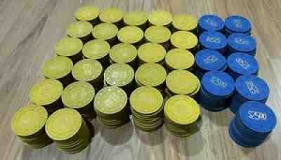 make offer* VTG Lot x360 TOP HAT AND CANE Paulson Poker Chips $5 $25 Yellow Blue