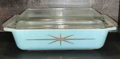 Vintage 1960 Pyrex Atomic Turquoise Blue Starburst Dish Pan Casserole 575-B Lid