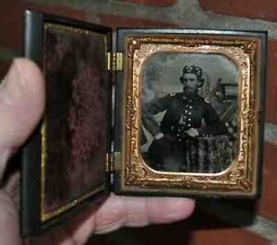 * Vintage Civil War 1/6th Plate Tintype Photo Navy Officer Pipe Strange Hat *