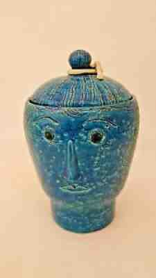 Vtg mid century Bitossi blue pottery Rimini biscuit jar lid face figural 95/643
