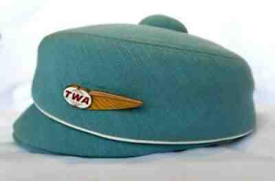 Vintage 1966 Mae Hanauer TWA Flight Attendant Hat & Pin Airline Stewardess Plane
