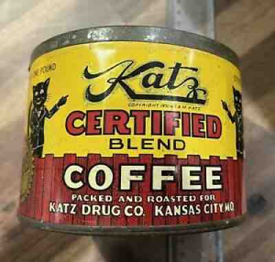Vtg KATZ CERTIFIED BLEND COFFEE CAN BLACK CAT GRAPHICS SLIP LID KANSAS CITY MO