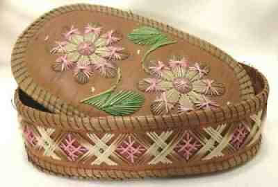 Chippewa Quilled Birch Bark Basket With Lid Oblong Floral Antique Vintage