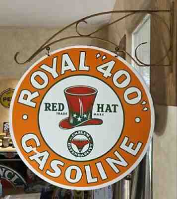 LARGE VINTAGE ''RED HAT'' DOUBLE SIDED W/ BRACKET & 30 INCH PORCELAIN SIGN