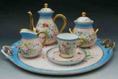 Antique French Old Paris Porcelain Tea for One on Tray Celestial Blue & Floral