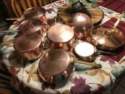 Vintage French Copper Saute and Sauce Pans with Brass Handles Set 9pc