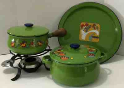PETER MAX Enameled Fondue Pots w/ Lids, Platter, etc. VTG 1960s Pop Art Cookware