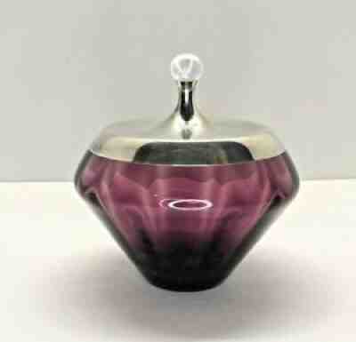 Vintage Gorham Amethyst Glass Candy Dish With Sterling Silver Lid MCM 1960's