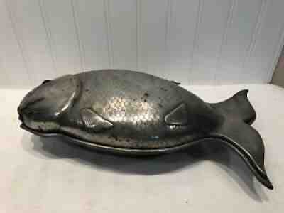 Antique CHINESE Koi Carp Fish Pewter Figural Tureen w/ Lid 2pcs Vintage SIGNED