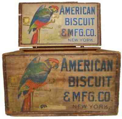 RARE AMERICAN BISCUIT & MFG CO NY PAPER LABELED WD BOX CRATE W/HINGED LID/PARROT