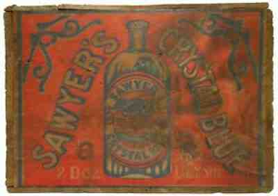 RARE LATE 19TH C SAWYER'S CRYSTAL BLUE INK RD/BLUE INK STMPD WD CRATE W/HNGD LID
