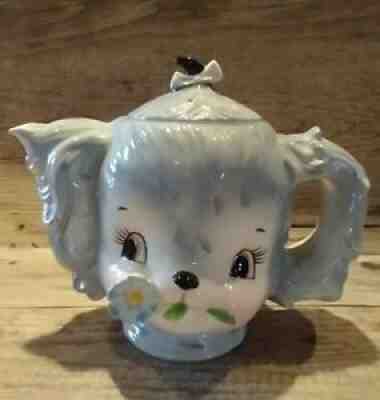 Vintage Anthropomorphic Blue Puppy Dog & Flower Ceramic Teapot Japan